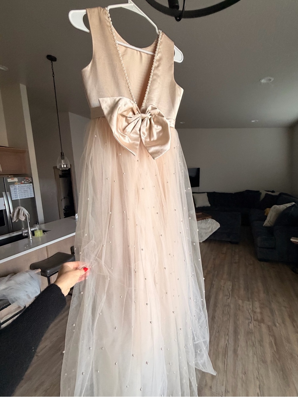 Girls Champagne Tulle Flower Girl Dress with Bow